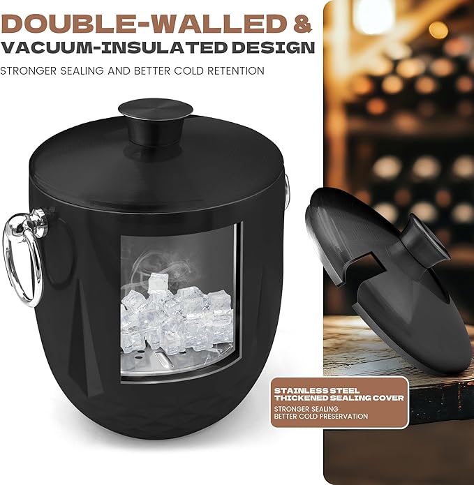 3L Ice Buckets for Parties and Cocktail Bar with Stainless Steel Lid,Tongs & Strainer(Black) Double-Wall Insulated Metal Ice Bucket Keep Ice Frozen Longer for Outdoor Champagne Ice Container Bin