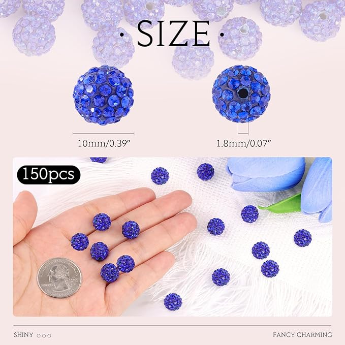 150 pcs 10mm Rhinestone Beads for Jewelry Making, Dark Blue Shiny Round Shamballa Disco Beads Bulk, Sparkle Crystal Clay Christmas for Bracelet Baseball Necklace Earring Crafting and DIY
