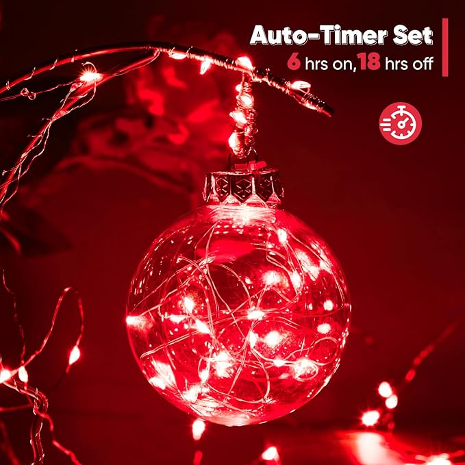 4 Pack 65.6 Ft. Battery Operated Outdoor String Lights with Remote & Timer, LED Red Fairy Lights, Waterproof Twinkle Lights for Bedroom, Dorm, Mason Jar, Wedding, Party, Christmas