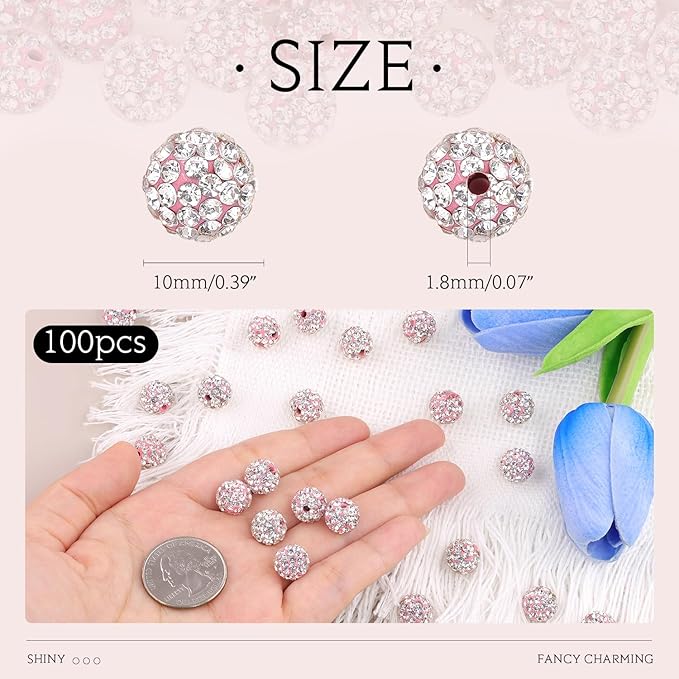 100pcs 10mm Rhinestone Beads for Jewelry Making, Pink White Shiny Round Shamballa Disco Ball Beads Bulk, Sparkle Crystal Clay Christmas for Bracelet Baseball Necklace Earring Crafting and DIY