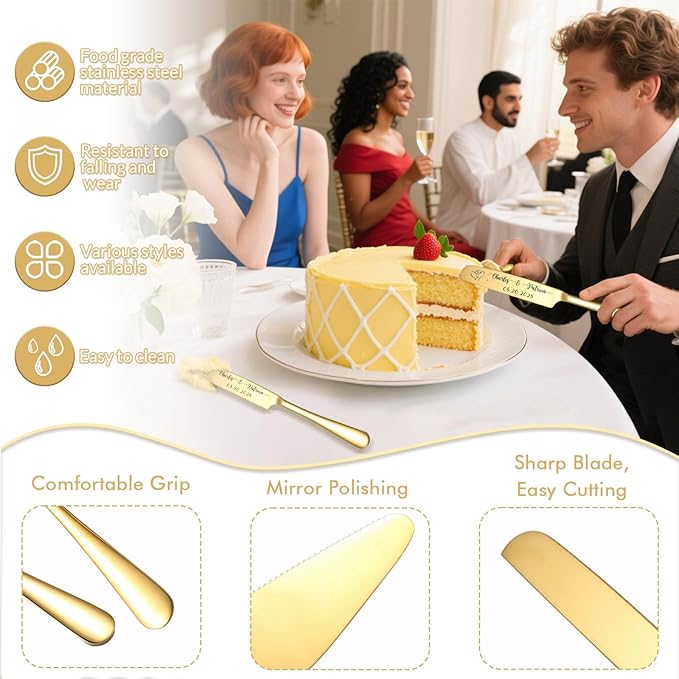 Custom Wedding Cake Knife and Server Set Personalized Cake Cutter with Engraved Text Bridal Cake Cutting Set with Gift Box for Weddings Anniversary Birthday (Gold - Text)