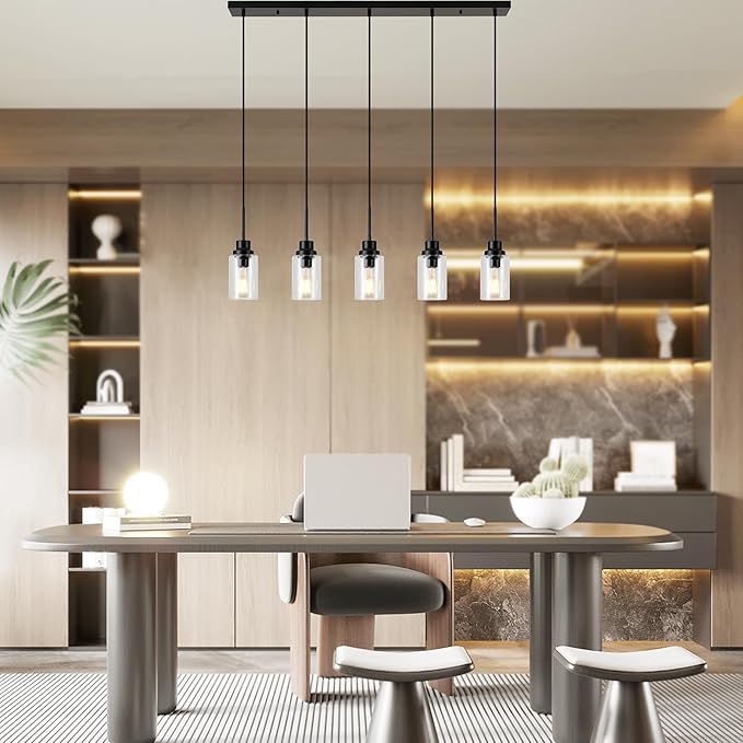 Black Dimmable Pendant Lighting for Kitchen Island, 5-Light Modern Pendant Lights for Kitchen Restaurant Living Room with Clear Glass Shade