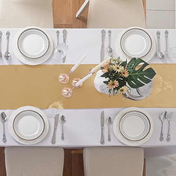 12Pack Table Runner 12 x 108 Inches Satin Silk Table Runner for Wedding, Birthday Party, Banquets, Graduations Decoration, fit Rectange and Round Table-Champagne