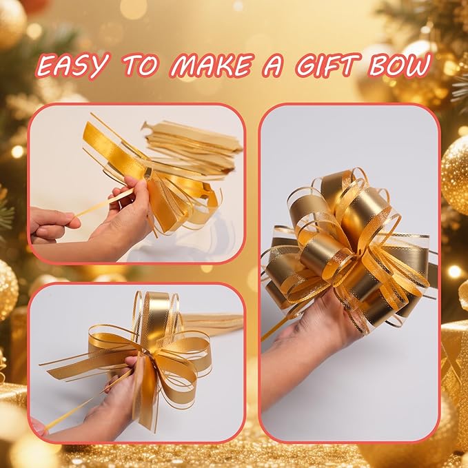 6 Pcs 6 Inch Golden Pull Bows, Perfect for Gift Wrapping, Weddings, Party Decorations, Crafts Easy-to-Use Pull Bows for Gifts and Events