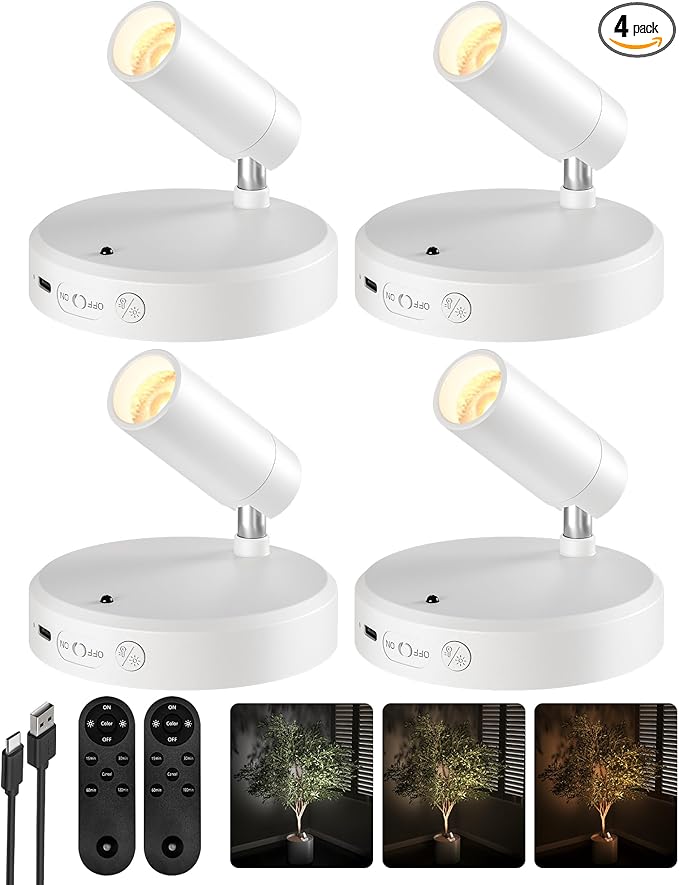 EZVALO Spot Lights Indoor,5500mAh Rechargeable Plants Spotlights with Remote,Wireless Mini Art Accent Spot Lights with Timer＆Dimmable, 3CCT, Uplights Indoor for Plants,Display,Artwork(4Pack-White)