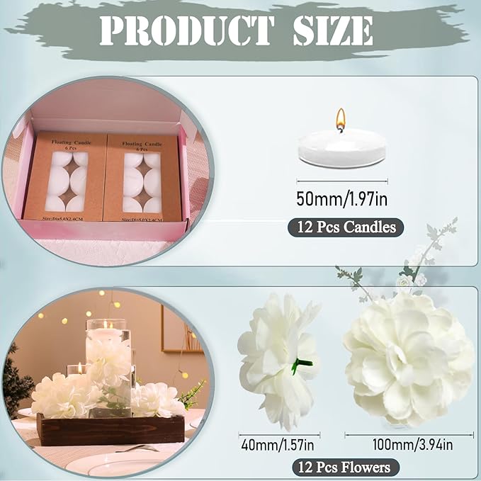 24 Pcs Floating Candles for Centerpieces and Floating Flowers Artificial Flowers Head Vase Filler for Party Home Table Wedding Centerpieces Decoration (White)