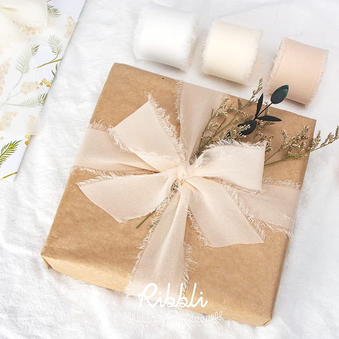 Ribbli Chiffon Ribbon - 1.5 inch x 30 Yard Champagne/Nude Silk, Handmade for Wedding Invitations, Gift Wrapping, Bridal Bouquets, Flower Arrangements