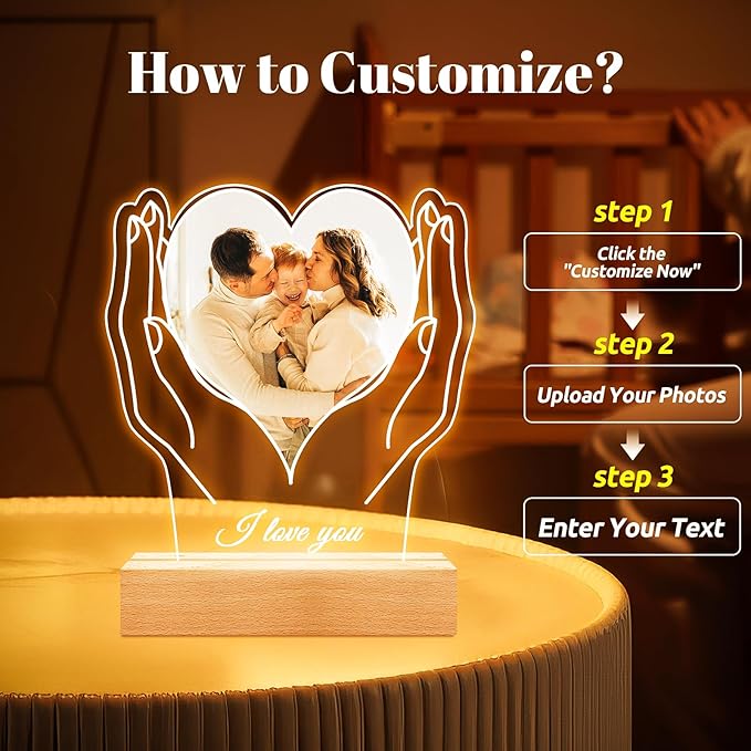 Custom Picture Frame with Photos, Customized Acrylic Plaque Photo Frames with Night Light, Personalized Birthday Gifts for Women Men Mom Dad Baby Kids Grandma Grandpa Family