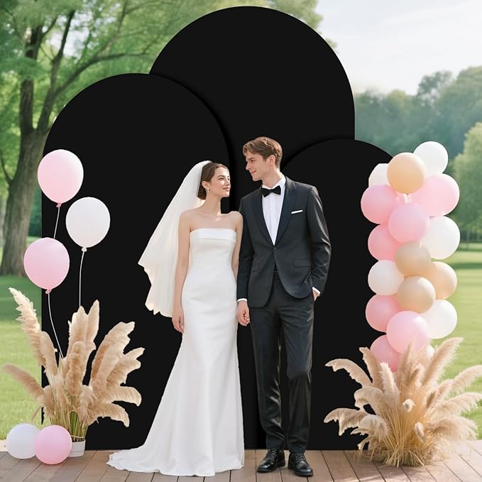 FUHSY Metal Arch Backdrop Stand and Cover Set 6FT, 6.6FT, 7.2FT Black Arch Cover Set of 3 Wedding Backdrop Arch Stands Chiara Arched Frame with Backdrop Covers for Birthday Party Baby Shower Decor
