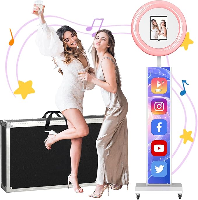 MWE Portable Photo Booth Machine Stand Compatible with Any Ipad with Software APP and Remote Control, RGB Ring Lights Music Sync, Free Custom Logo,Flight Case with Wheels (White, Light Box)