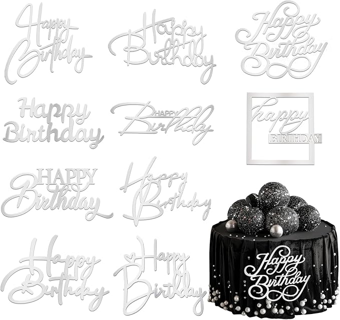 10 PCS Silver Happy Birthday Cake Topper Mirror Acrylic Cake Toppers Double-Sided Glitter Birthday Decorations for Girls Women's Party Supplies