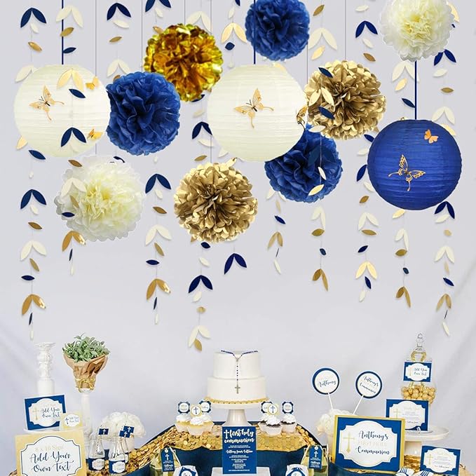 Navy Blue and Gold Party Decoration Kit Lanterns Flowers Pom Pom with Champagne Gold 3D Butterfly Stickers and Leaf Garland Streamers for Birthday Engagement Wedding Bridal Shower Bachelorette Party