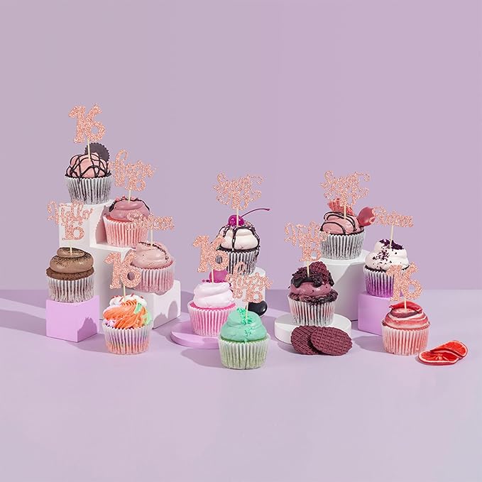 30pcs 16th Birthday Cupcake Toppers - Sixteen Happy Cupcake Picks, Cheers to Sweet 16 Cake Decorations in Rose Gold Glitter