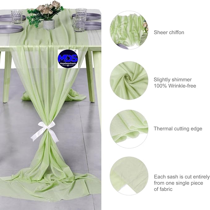 MDS Halloween Chiffon Table Runner - 1 Pack, 29 x 170 Inches, 14ft Each - Sheer Spooky Table Runners for Haunted House Parties, Trick-or-Treat Tables, Witchy Décor, Wedding & Events - Sage Green