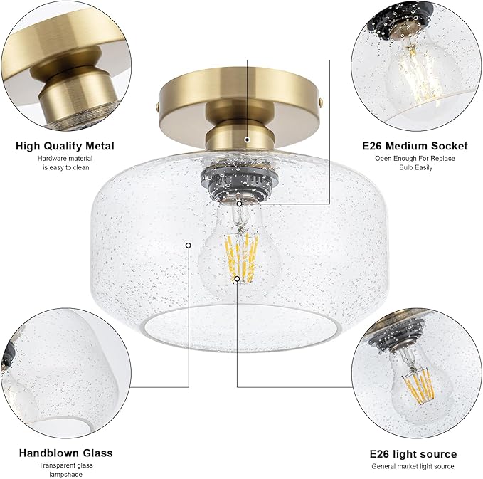 Simple & Elegant Semi Flush Mount Ceiling Light - Gold and Brass Fixture w/ 900LM LED Bulb for Kitchen, Bathroom, Hallway Lighting | Vintage Seeded Glass | Easy Install
