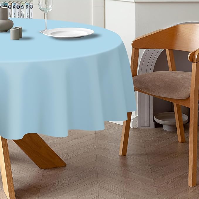 QIKSION Light Blue Round Tablecloth 6 Pack, 84 Inch Plastic Table Cover Disposable for Parties