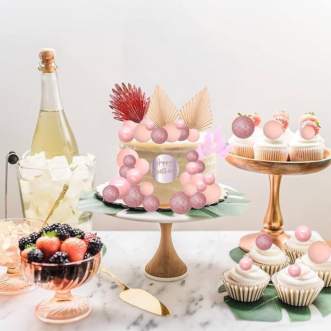 Ephlyn 33 Pack Balls Cake Toppers Boho Palm Leaves Cake Decorations Round Acrylic Happy Birthday Cupcake Toppers for Birthday Wedding Baby Shower Party Supplies Rose Gold
