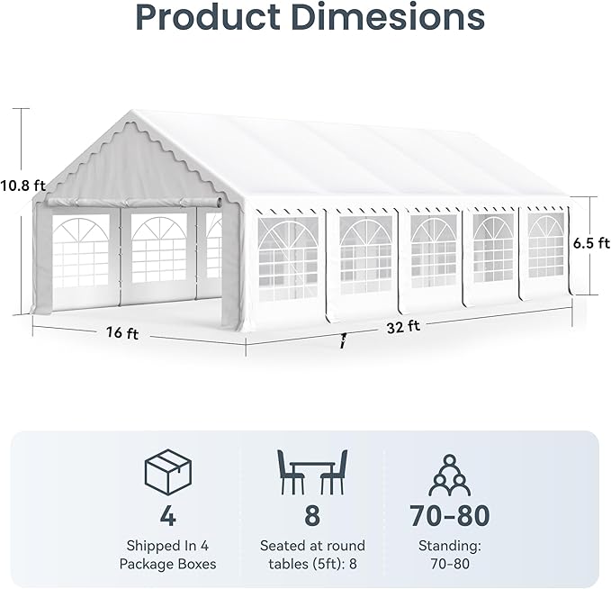 PHI VILLA 32'x16' Outdoor Heavy Duty Party Tent Large Commercial Canopy Wedding Event Shelter Carport with Removable Sidewalls & 4 Storage Bags for Patio Outdoor Garden Events, White
