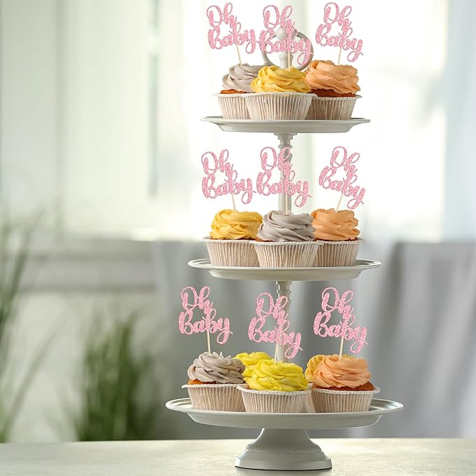 Gyufise 36 Pack Pink Glitter Oh Baby Cupcake Topper Picks for Baby Shower Party Cake Decorations Party Supplies