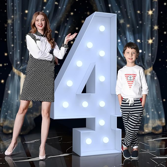 4FT Marquee Light Up Numbers 4 – Cool White LED, Easy to Assemble Foam Board with Back Support, Large Marquee Light Up Numbers for Birthday, Wedding, Party, Anniversary, Baby Shower Decor