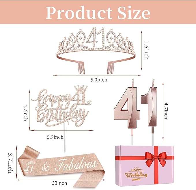 41 Birthday Decorations for Women Including Birthday Sash, Crown/Tiara, Numeral Candles and Cake Topper, 41 Year Old Gifts for Women, Rosegold Party Decor and Supplies
