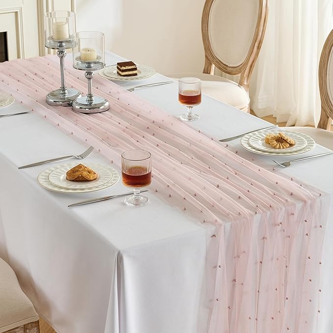 Fanami 3 Pack Pearl Table Runner -10FT Dusty Pink Boho Tulle Table Runners 120 Inches Long Rustic Sheer Lace Fabric Centerpieces for Wedding Arch Birthday Party Bridal Veil Baby Shower Decorations
