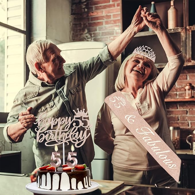55 Birthday Decorations for Women Including Sash, Tiara, Numeral Candles and Cake Topper, 55th Birthday Gifts for Women, Rose Gold Party Favor Supplies