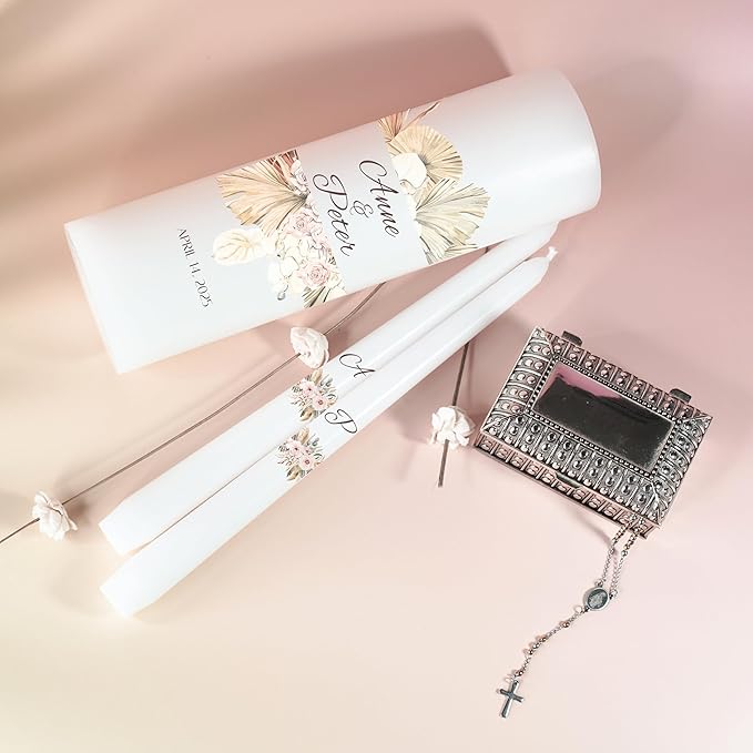 Unity Candles for Wedding, Modern Unity Set, Custom and Personalized Pillar and Taper Candles, Unscented White Premium Wax, Religious and Wedding Ceremony, Special Events (Palm)