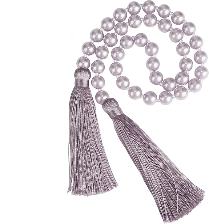 Fenghuangwu 34 Inch Pearl Glass Bead Garland with Tassels - Elegant Boho Table Decor, Fringe Wall Hanging for Wedding, Party, Farmhouse Rustic Prayer Bead Home Decoration(2 Pack,Purple)