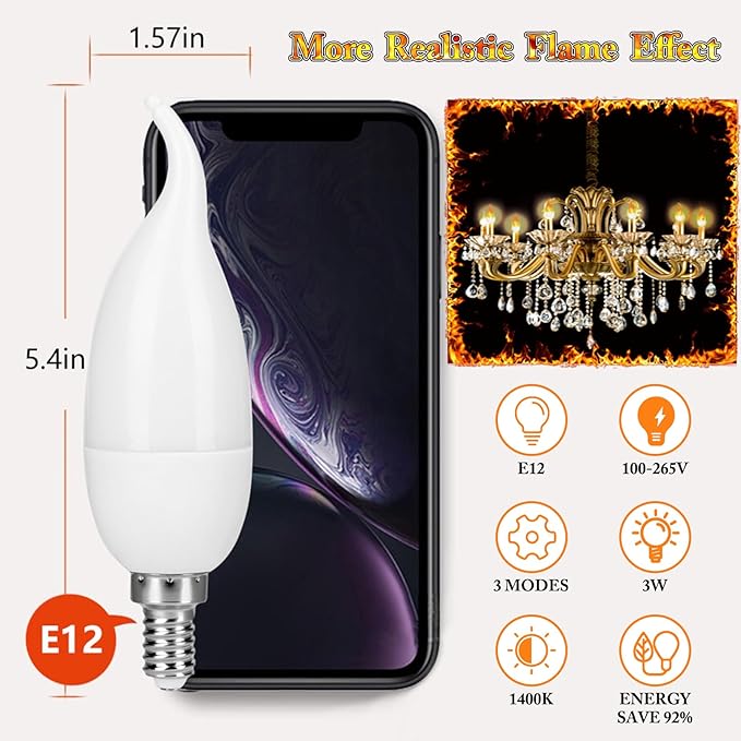 E12 LED Flickering Candelabra Flame Effect Light Bulbs - Upgrade Flicker Candelabra Torch Fire Effect Lights Bulbs for Outdoor Halloween Xmas Holiday Decorations 3W 1400K (8 Pack)