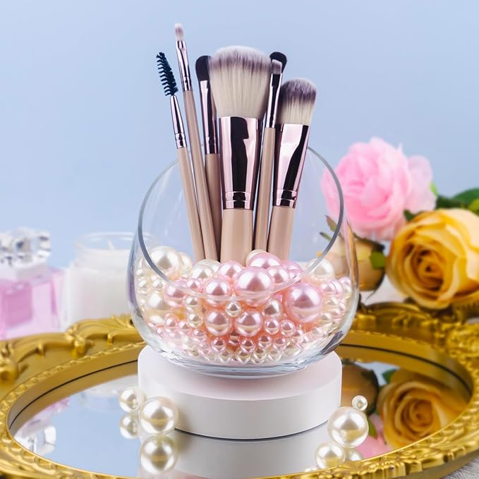 300Pcs Cream&Pink Polished No Hole Faux Pearl Beads for Vase Filling Decorations, Plastic Pearls Vase Fillers, Table Scatters, Wedding Centerpiece, Home Decor, 8/14/20 mm