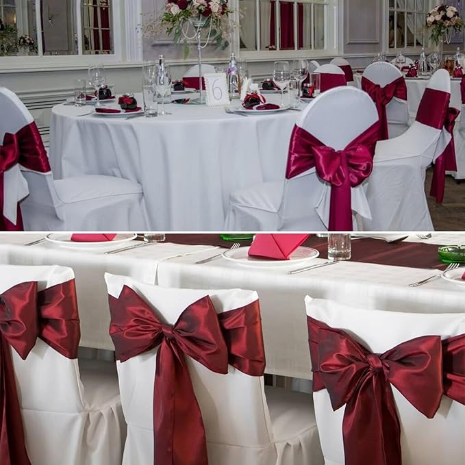 100 PCS Satin Chair Sashes Decorative Bow Satin Chair Sashes Ties Seat Ribbon Bows Chairs Cover Band for Wedding Party Event Ceremony Reception Holiday Banquet Home Kitchen Decor(7 x108 inch,Burgundy)