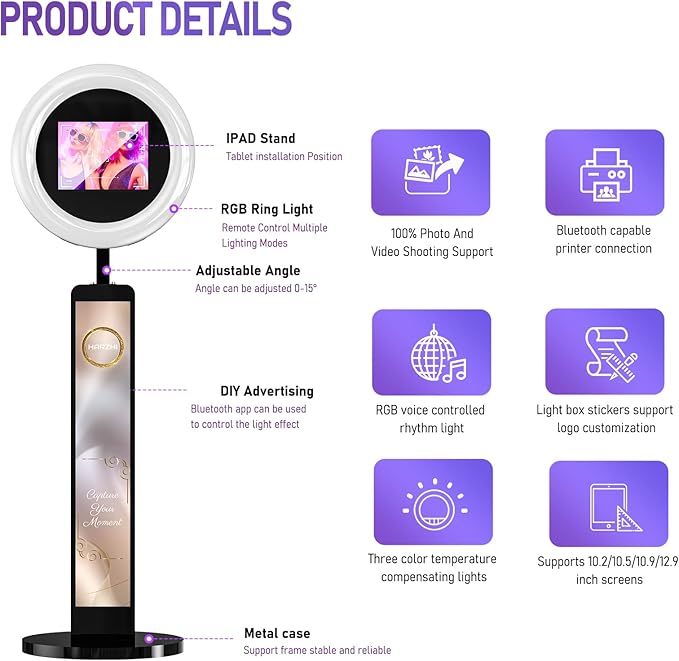 HARZHI Portable Photo Booth Compatible with Ipad, for Ipad Photo Booth Shell Stand Stand Provide Chacktok Photo Booth Software for Party and Wedding, Free Custom Logo, Flight Case