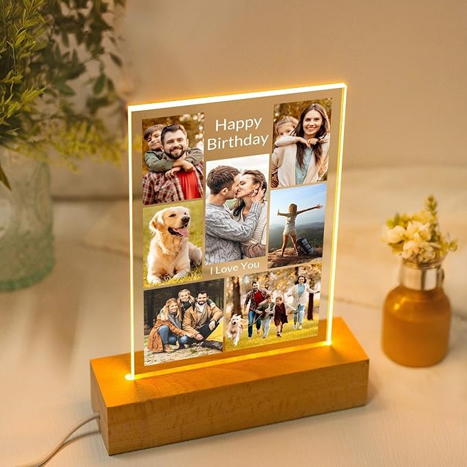Personalized Birthday Gifts for Women and Men, Custom Picture Frames with Photo, Customized Photo Frame with Night Light, Personalized Anniversary Couple Gifts for Him and Her