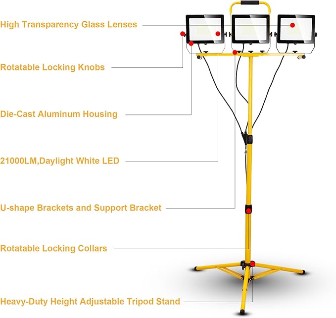 LED Worklights 60000Lumen, 3 Head 600W Work Light, Portable, with Stand, with 13.5FT Cord, IP66 Waterproof, Tripod, for Outdoor Indoor, Construction Site