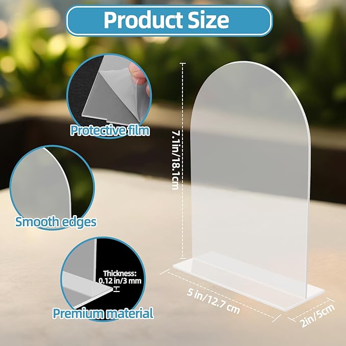 9 Pack Acrylic Wedding Signs 5 x 7 Inch DIY Blank Table Number with Base Frosted Arch Shape Menu Board for Party Anniversary Event Restaurant Cafe Decoration
