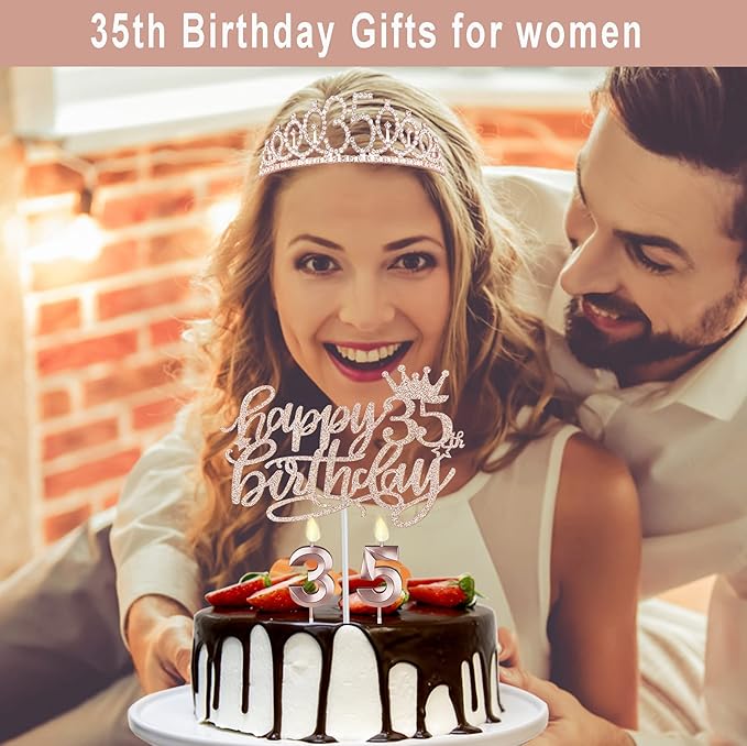 35th Birthday Decorations for Women Including Sash, Tiara/Crown, Numeral Candles and Cake Topper, Rose Gold 35th Birthday Gifts for Women, Rose Gold Party Decor Supplies