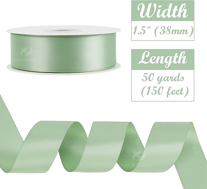 HUIHUANG 1-1/2 inch Double Face Satin Ribbon, Polyester Satin Sage Green Ribbon 50 Yards/Roll for Gift Wrapping Bows Making Floral Bouquet Wedding Invitation Decor Party Favor and Craft Supplies