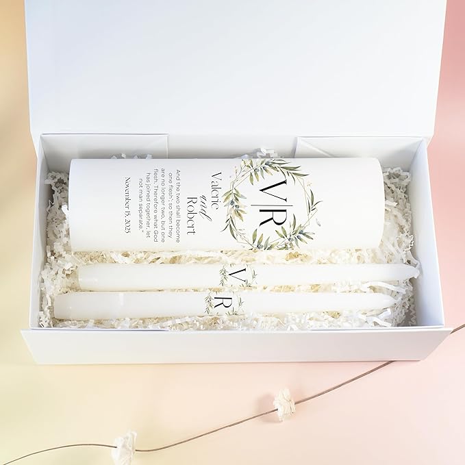 Unity Candles for Wedding, Modern Unity Set, Custom and Personalized Pillar and Taper Candles with Bible Quote, Unscented White Premium Wax, Religious and Wedding Ceremony, Special Events (Garden)