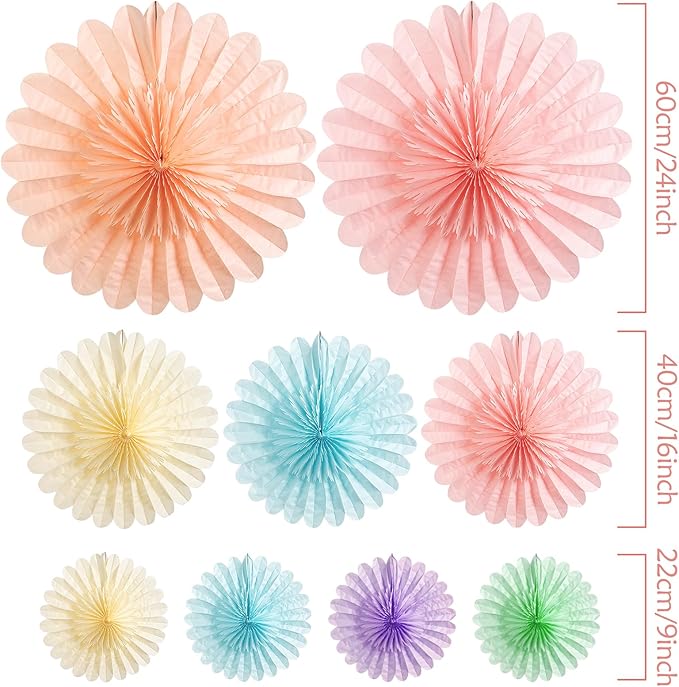 9PCS Huge Pastel Hanging Paper Fans Decoration Macaron Birthday Party Decorations Rainbow Ice Cream Easter Paper Hanging Decor for Bridal Baby Shower Classroom Home Decor