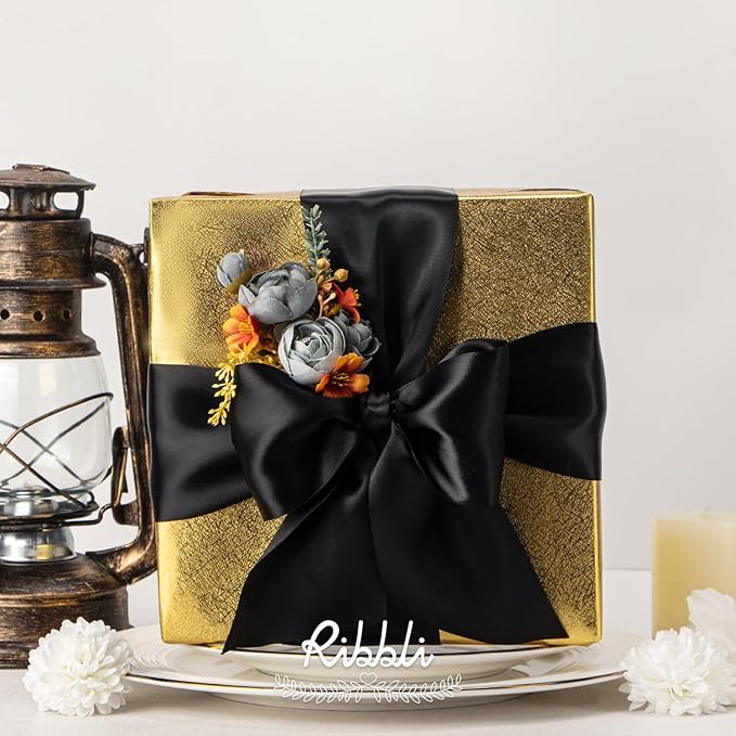 Ribbli Black Double Faced Satin Ribbon, 3” x Continuous 10 Yards,Use for Bows Bouquet,Gift Wrapping,Floral Arrangement,Wedding Decoration