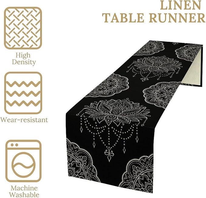 Lotus Flower Table Runner, Bohemian Ethnic Oriental Mandala Black White Floral Print Table Runner for Home Kitchen Dining Indoor Outdoor Dinner Party Decor, 13x108inch
