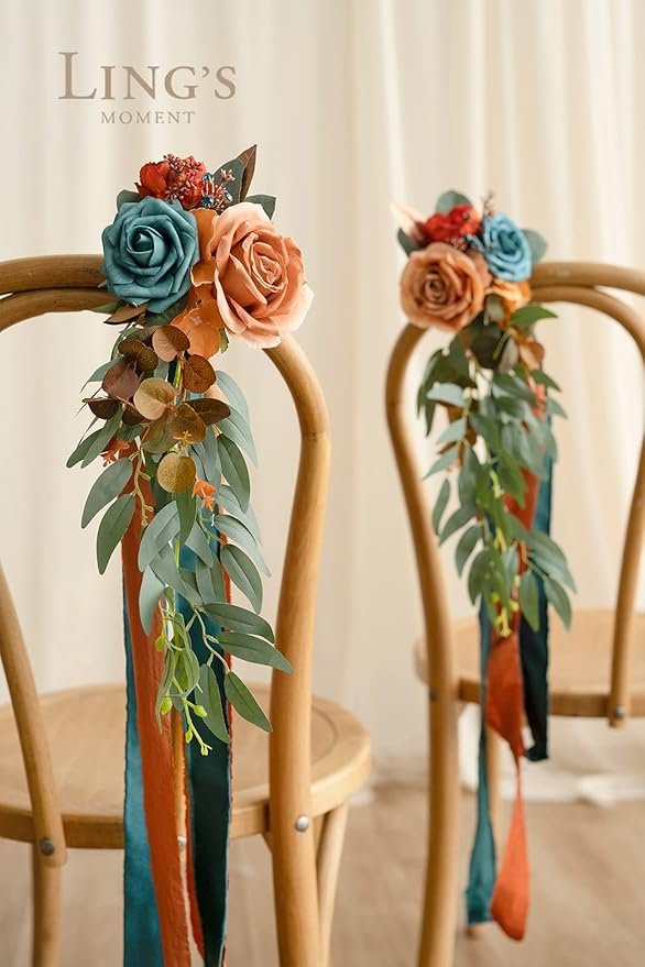 Ling's Moment 8pcs Wedding Artificial Aisle Pew Flowers Chair Decorations Arrangements with Chiffon Ribbons Burnt Orange for Ceremony Chair Back Floral Decor Reception Church Party Outdoor