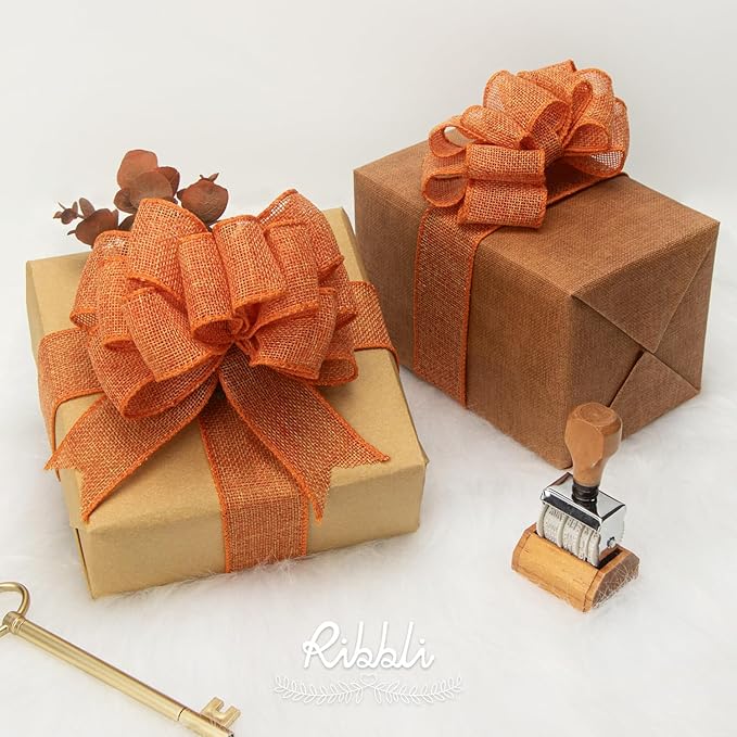 Ribbli Orange Burlap Wired Ribbon,1-1/2 Inch x 10 Yard,Wired Edge Ribbon for Big Bow,Wreath,Tree Decoration,Outdoor Decoration
