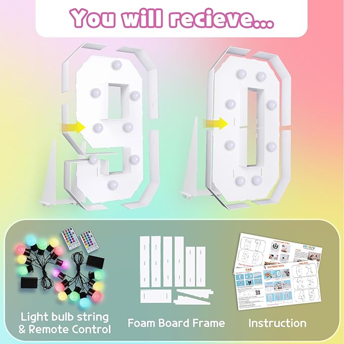 Marquee Numbers 90th-Birthday Decoration: Colorful 3FT Large Light Up 90 Year Old Birthday Decorations Anniversary Backdrop for Boys Girls Cardboard Sign 18 Colors Number 90 Mosaic Balloon Frame