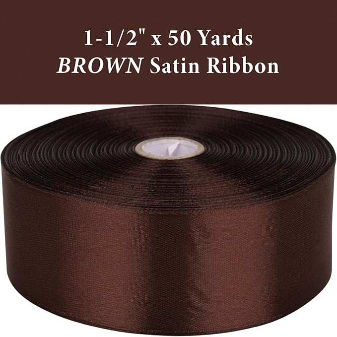 1-1/2" x 50 Yards Brown Satin Ribbon Single Faced Fabric Ribbons for Gift Wrapping, Crafting, Floral Arrangements, Flower Bouquet, Wedding, Home Decor