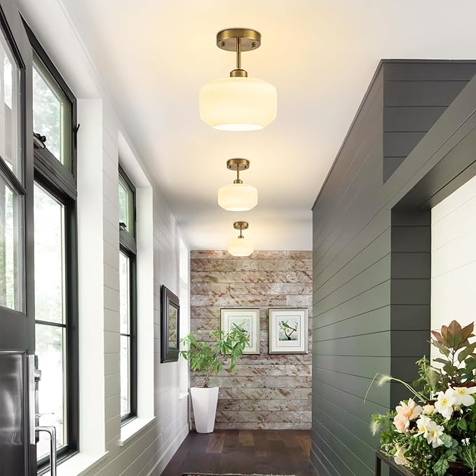 Tbaoinal semi Flush Mount Ceiling Light Fixture Adjustable Hanging Brass Gold Light Fixture 8.66" Modern Frosted Opal Milk Glass Shade Sloped Ceiling Adaptable for Hallway Light fixtures Entryway