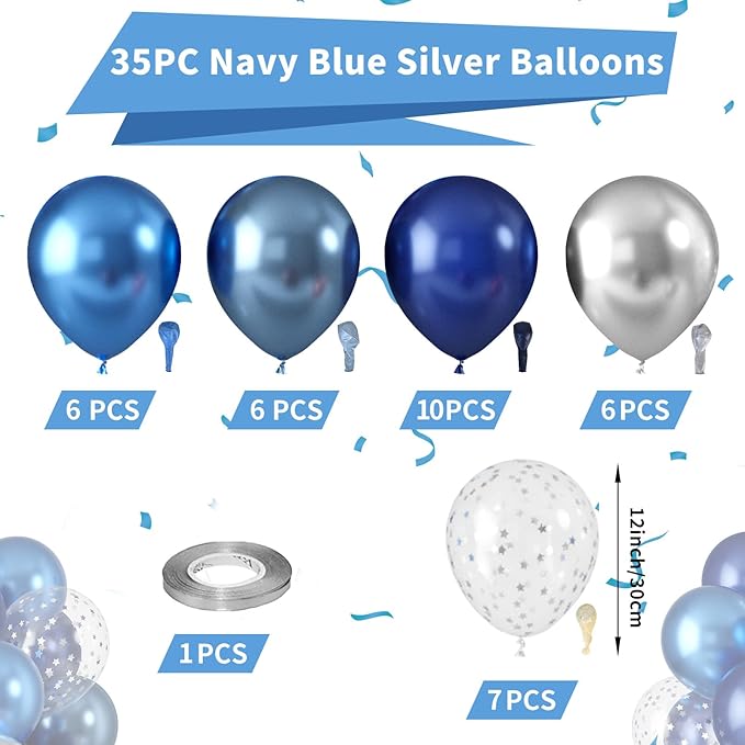 Blue Silver Balloons, Pearl Navy Blue Balloons Metallic light Blue and Silver Balloon Silver Star Confetti Balloon for Boys Girls Birthday Graduations Baby Shower Wedding Engagement Decorations