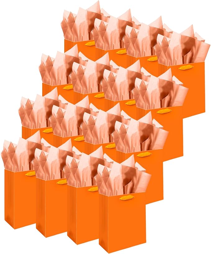 Gcardist Orange Gift Bags with Tissue Paper for Wedding, Birthday, Party Supplies-7.9"x4.3"x9.6" Medium Size Cardboard Gift Bags（16pcs Bags +32pcs Tissue Paper ）