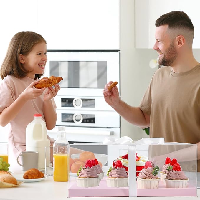 JCD 3 Pcs Pink Cake and Cupcake Combo Bento Boxes with Clear Lid Fit 8 Cupcake and 1 Mini Cake for Valentine Wedding Birthday Party Bakery Supplies(Pink 1+8/3Pcs)
